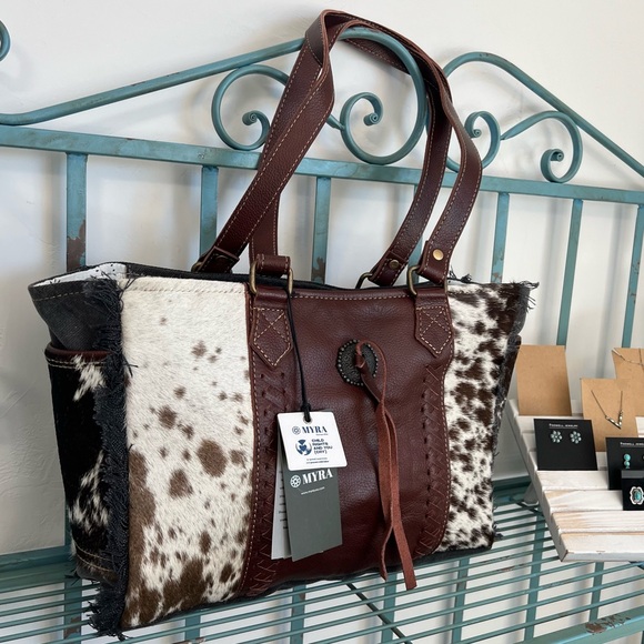 🌺New Myra Bag Canvas & Cowhide & Leather Tote satchel concho tassel western boho - Picture 8 of 15